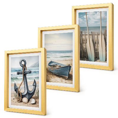 Framed triptych Boat anchor and oars on the beach with the sea