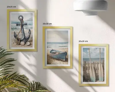Boat anchor and oars on the beach with the sea framed triptych