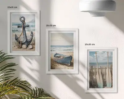 Boat anchor and oars on the beach with the sea framed triptych