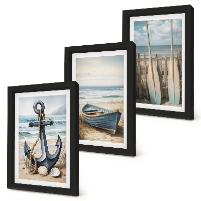 Framed triptych Boat anchor and oars on the beach with the sea
