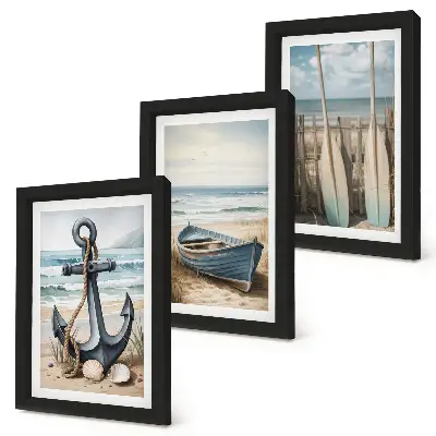Boat anchor and oars on the beach with the sea framed triptych