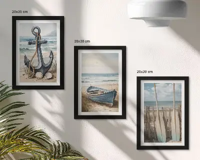 Boat anchor and oars on the beach with the sea framed triptych