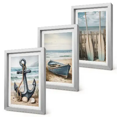 Boat anchor and oars on the beach with the sea framed triptych