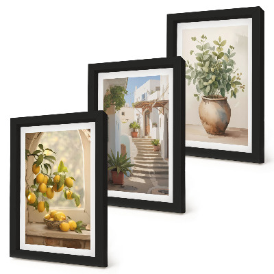 3-piece wall art set Lemons in a vase and plants in white architecture