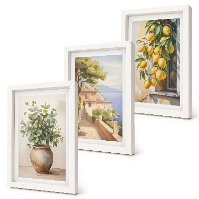 Photo frame wall Flowers in a vase with a view of the sea and lemons
