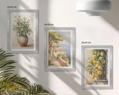 Photo frame wall featuring flowers in a vase with a sea view and lemons