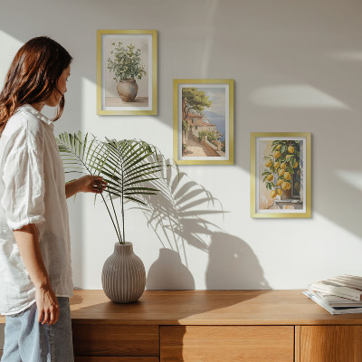 Photo frame wall Flowers in a vase with a view of the sea and lemons