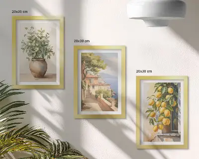 Photo frame wall featuring flowers in a vase with a sea view and lemons