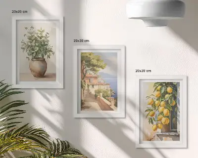 Photo frame wall featuring flowers in a vase with a sea view and lemons
