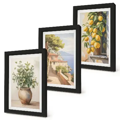Photo frame wall featuring flowers in a vase with a sea view and lemons