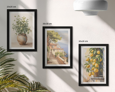 Photo frame wall Flowers in a vase with a view of the sea and lemons