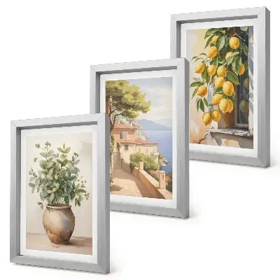 Photo frame wall featuring flowers in a vase with a sea view and lemons