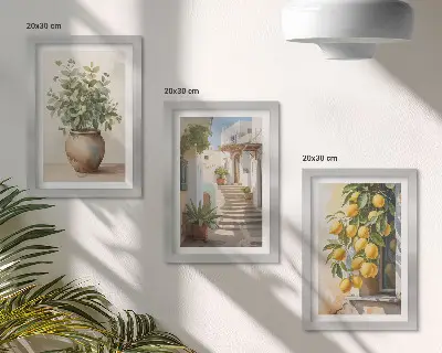 3-piece wall art set potted plants and lemons against a street backdrop
