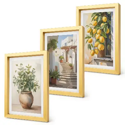 3-piece wall art set potted plants and lemons against a street backdrop
