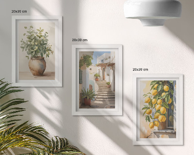 3-piece wall art set Potted plants and lemons against the backdrop of a street