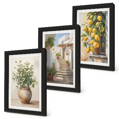3-piece wall art set Potted plants and lemons against the backdrop of a street