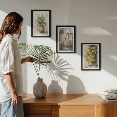 3-piece wall art set potted plants and lemons against a street backdrop