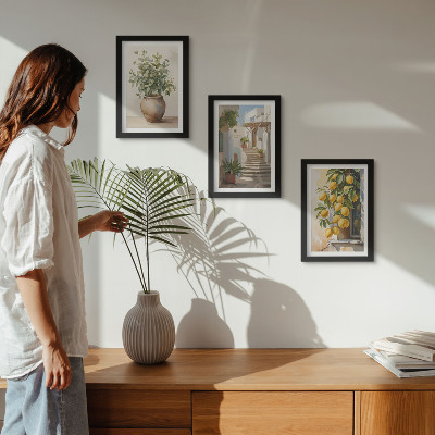 3-piece wall art set Potted plants and lemons against the backdrop of a street
