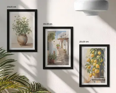 3-piece wall art set potted plants and lemons against a street backdrop