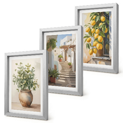 3-piece wall art set Potted plants and lemons against the backdrop of a street