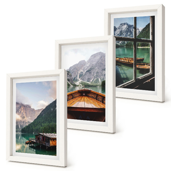 Framed triptych Mountain lake with a boat and wooden houses
