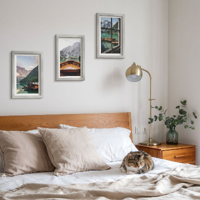 Framed triptych Mountain lake with a boat and wooden houses
