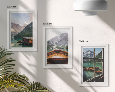 Framed triptych Mountain lake with a boat and wooden houses