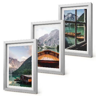 Framed triptych Mountain lake with a boat and wooden houses