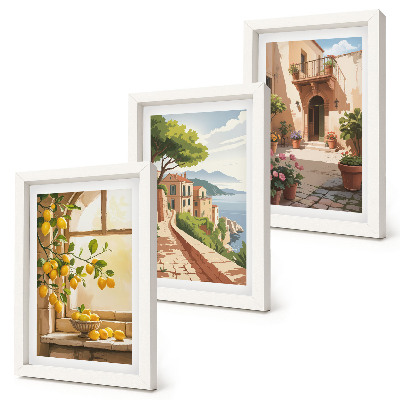 3-piece wall art set Citrus fruits in the kitchen with a view of the sea and the charming town