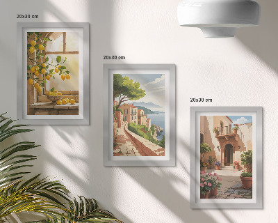3-piece wall art set Citrus fruits in the kitchen with a view of the sea and the charming town