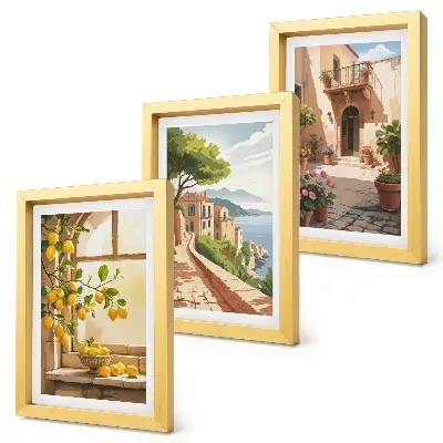 3-piece wall art set citrus fruits in the kitchen with a sea view and charming town