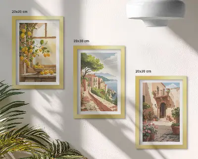 3-piece wall art set citrus fruits in the kitchen with a sea view and charming town