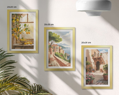 3-piece wall art set Citrus fruits in the kitchen with a view of the sea and the charming town
