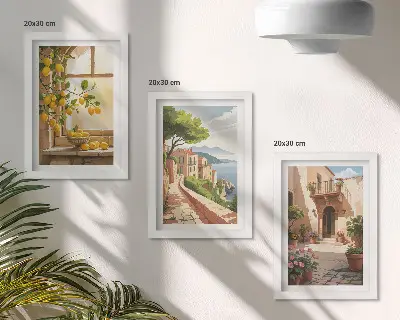 3-piece wall art set citrus fruits in the kitchen with a sea view and charming town