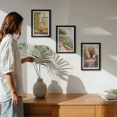 3-piece wall art set Citrus fruits in the kitchen with a view of the sea and the charming town