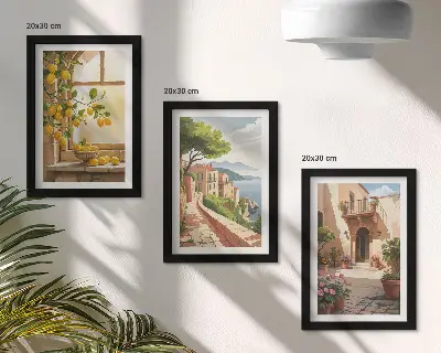 3-piece wall art set citrus fruits in the kitchen with a sea view and charming town