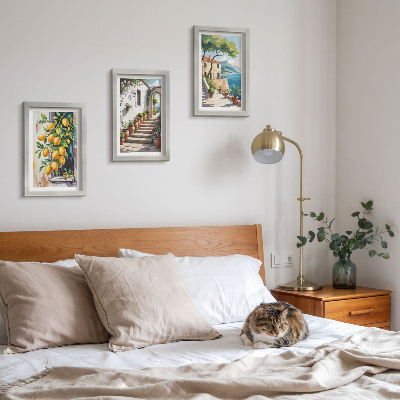 Framed triptych Lemons against a background of flowers and seaside views