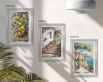 Framed triptych Lemons against a background of flowers and seaside views