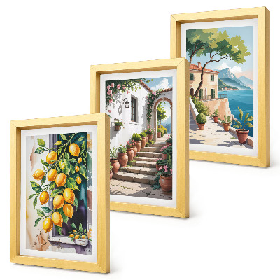 Framed triptych Lemons against a background of flowers and seaside views