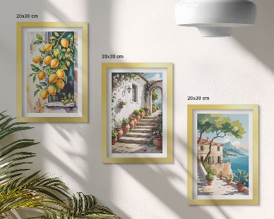 Framed triptych Lemons against a background of flowers and seaside views