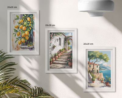 Framed triptych Lemons against a background of flowers and seaside views