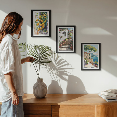 Framed triptych Lemons against a background of flowers and seaside views