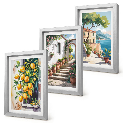 Framed triptych Lemons against a background of flowers and seaside views