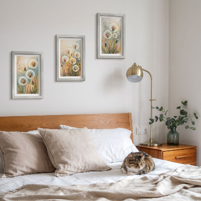 Framed triptych Dandelion flowers against a background of pastel grasses