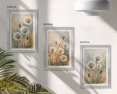 Framed triptych Dandelion flowers against a background of pastel grasses