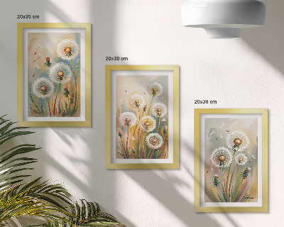 Framed triptych Dandelion flowers against a background of pastel grasses