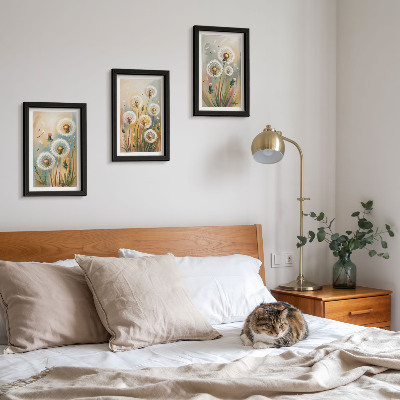 Framed triptych Dandelion flowers against a background of pastel grasses