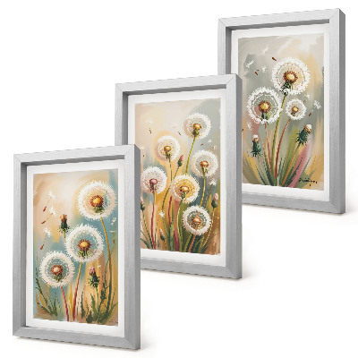 Framed triptych Dandelion flowers against a background of pastel grasses