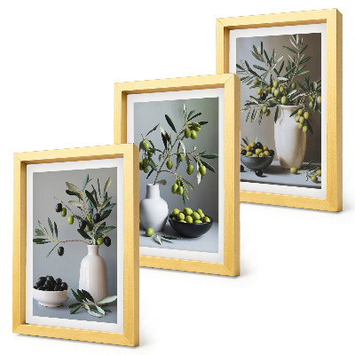 3-piece wall art set Olives in vases against a background of muted colors