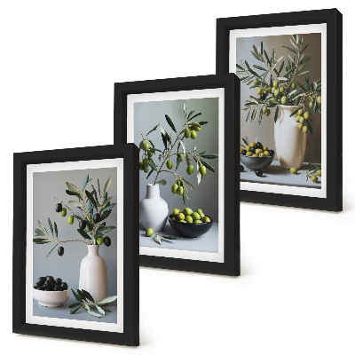 3-piece wall art set Olives in vases against a background of muted colors